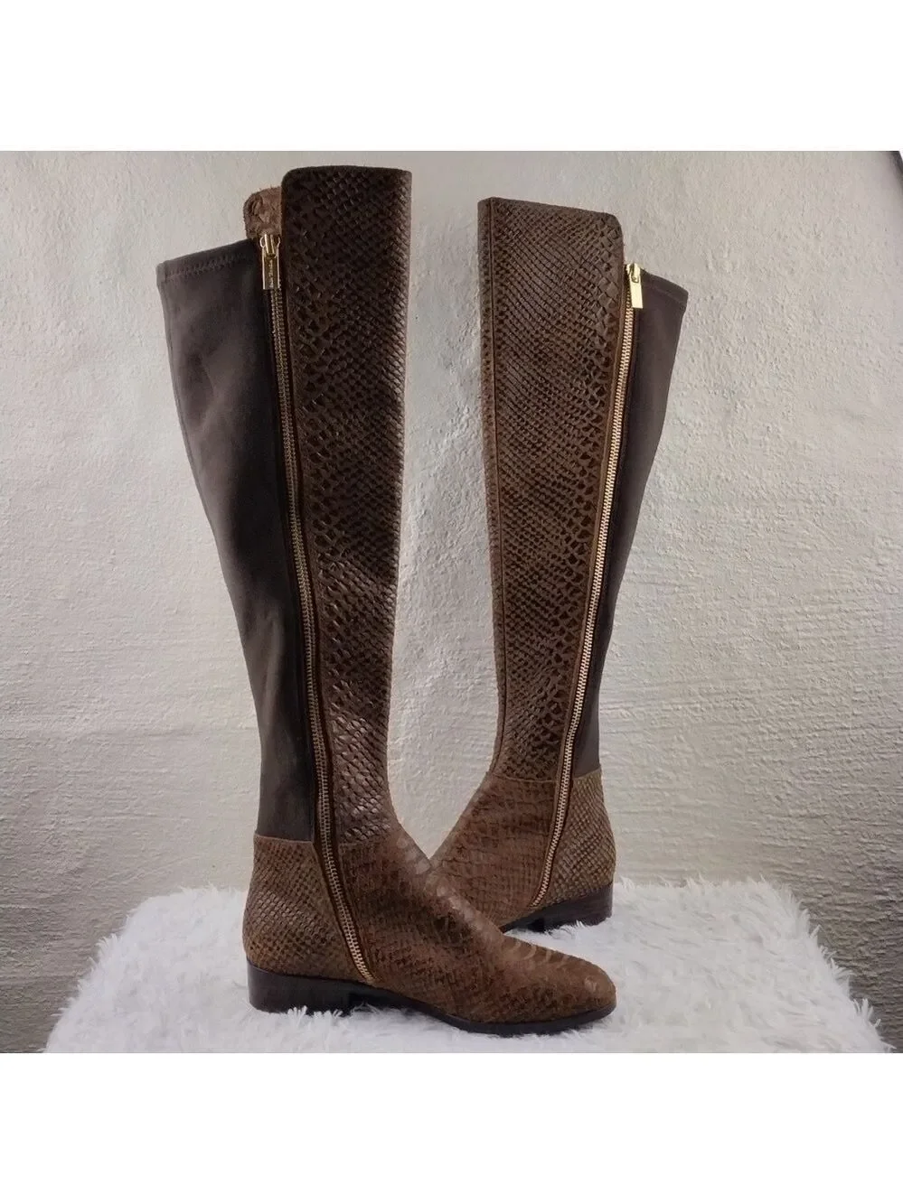MICHAEL Michael Kors Brown Snakeskin Suede Leather Side Zipper Tall Riding Boot
